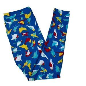 LuLaRoe Origami Geometric Bird Print Blue Red Yellow Women's Leggings TC Plus